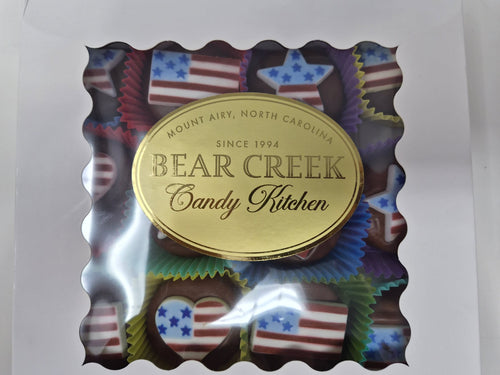 Bear Creek Candy Kitchen packaging with American flag design on a white background
