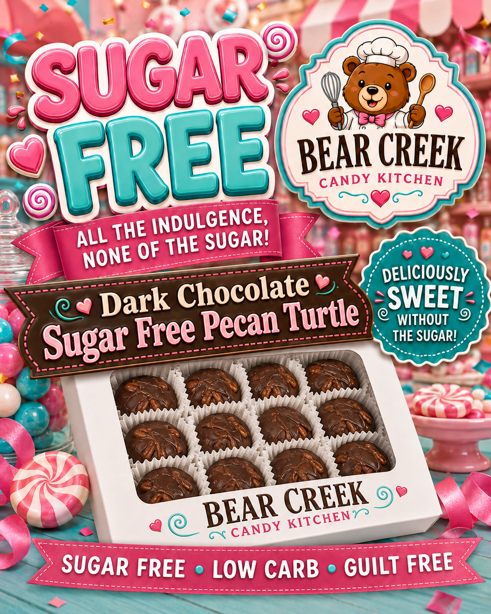 Sugar Free Dark Chocolate Pecan Turtle, box of 16