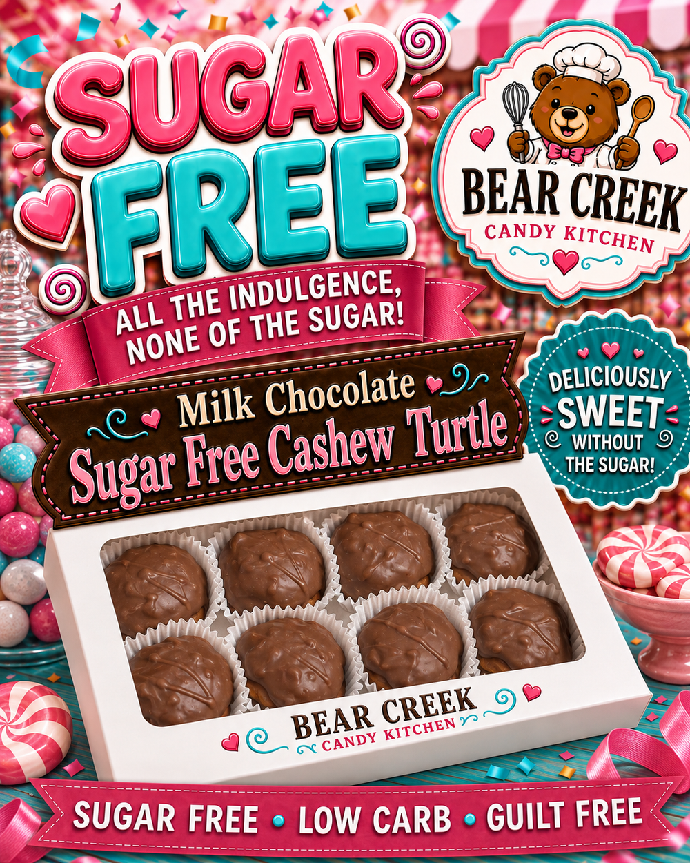 Sugar Free Milk Chocolate Cashew Turtle, box of 16