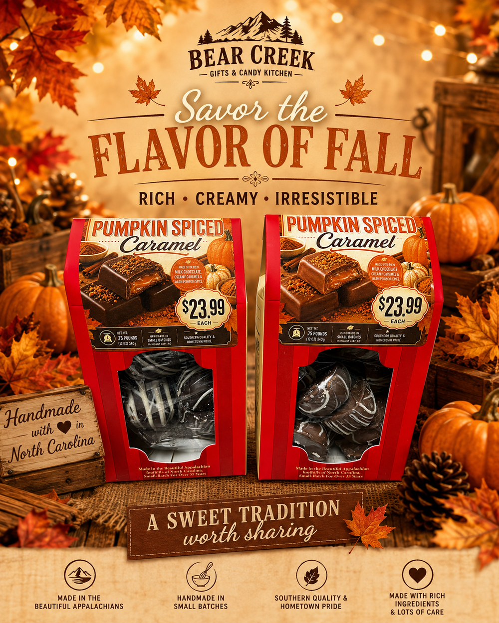 Pumpkin Spiced Caramels, Milk or Dark Chocolate