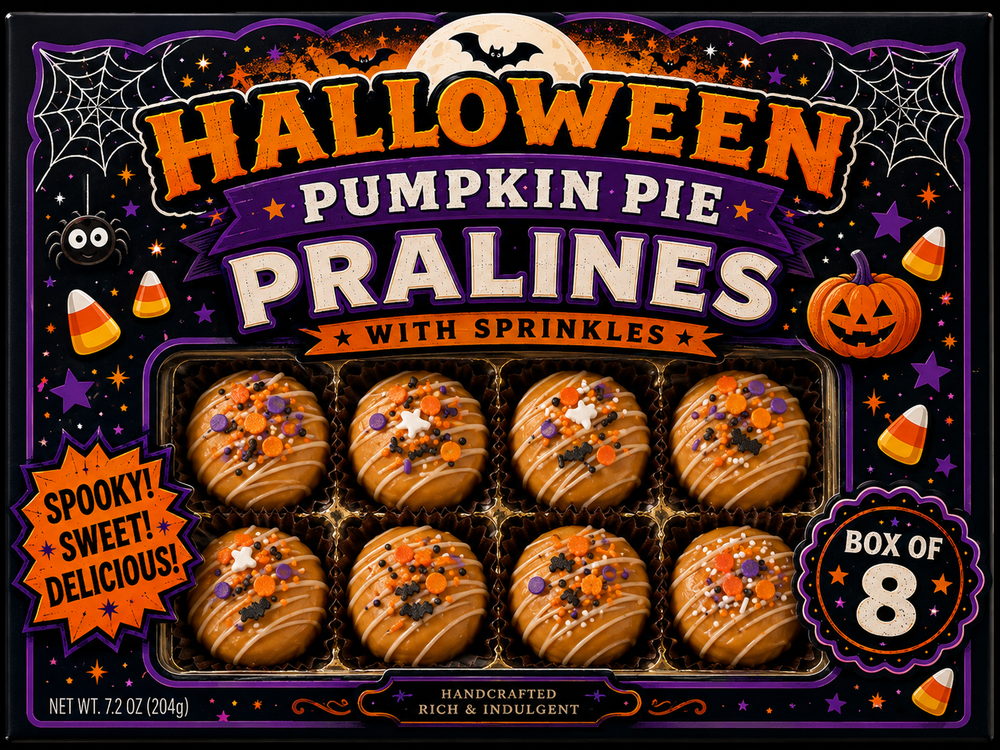 Halloween Hand Decorated Southern Pumpkin Pie Pecan Pralines, Box of 8