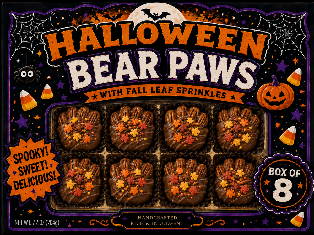 Halloween Hand Decorated Chocolate and Caramel Bear Paws, Box of 8