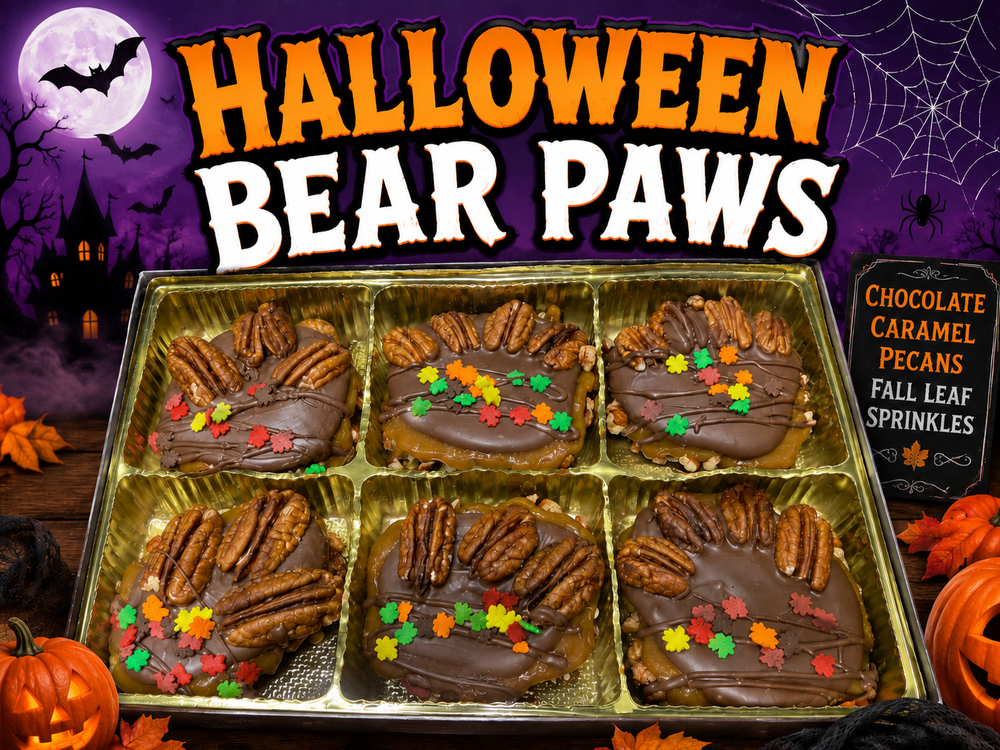 Halloween Hand Decorated Chocolate and Caramel Bear Paws, Box of 6