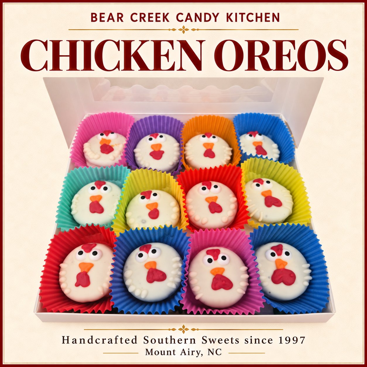 Oreo Chicken Color Chicken Oreo's hand decorated 24 per box – Bear Creek Candy Kitchen