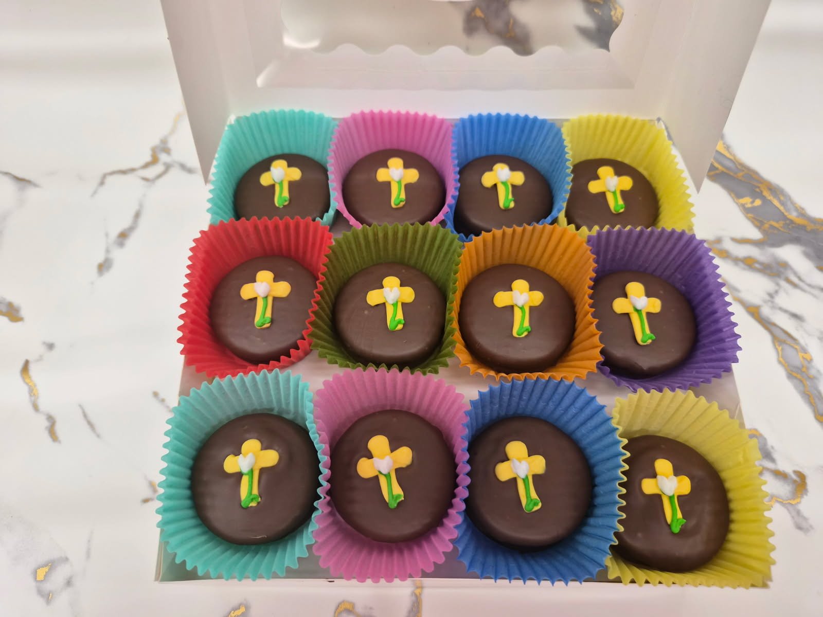 Cross Yellow on Oreo's Hand Decorated box of 24 - Bear Creek Candy Kitchen