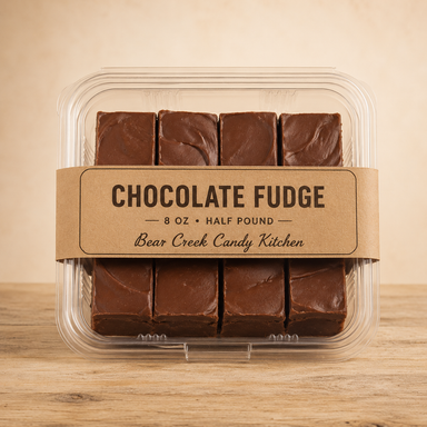 Temporary package mockup showing an eight-ounce package of chocolate fudge