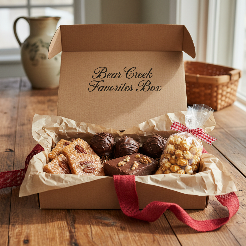 Bear Creek Favorites Box with pralines, Bear Paws, fudge and caramel corn