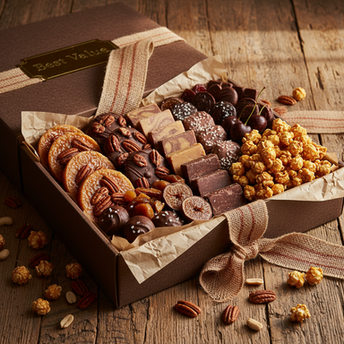 Free Shipping Southern Gift Box overflowing with pralines, Bear Paws, fudge, chocolate treats and caramel corn