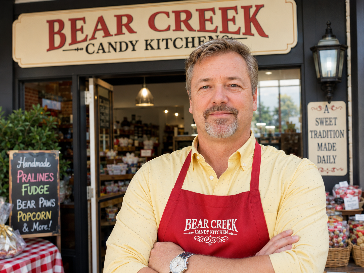 Jerry, U.S. Army veteran and owner of Bear Creek Candy Kitchen, outside the Mount Airy store