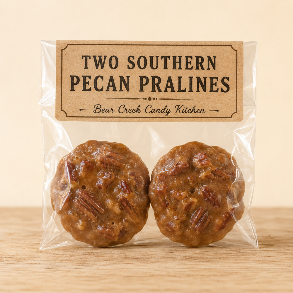 Temporary package mockup showing two Southern pecan pralines
