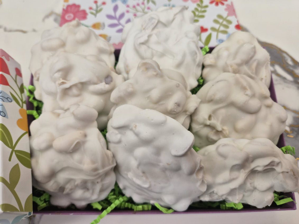 White Chocolate Covered Pecan Clusters in SPRING box 9 per box - Bear Creek Candy Kitchen