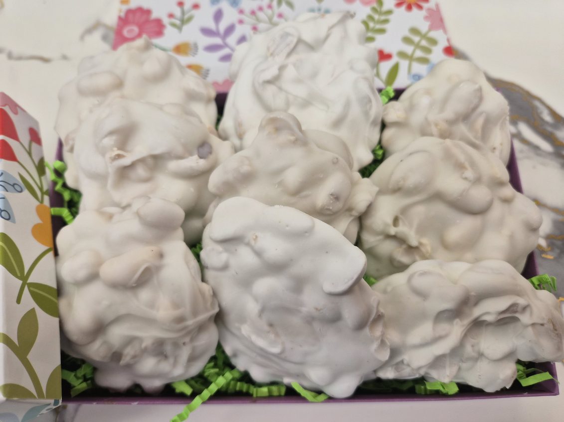 White Chocolate Covered Pecan Clusters in SPRING box 9 per box - Bear Creek Candy Kitchen